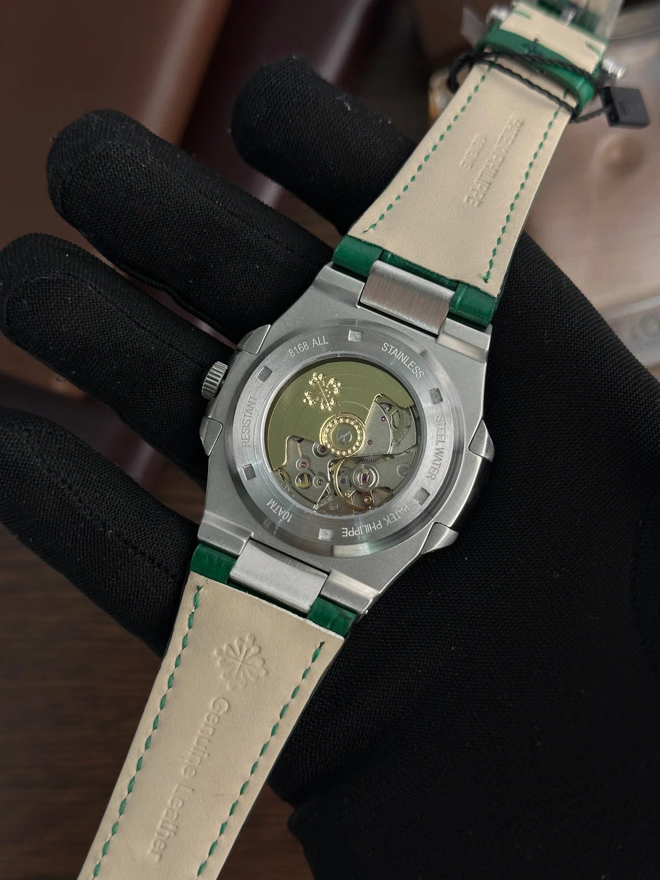 Patek Philippe Nautilus – Silver Green Dial, Leather Strap (AAA Quality)