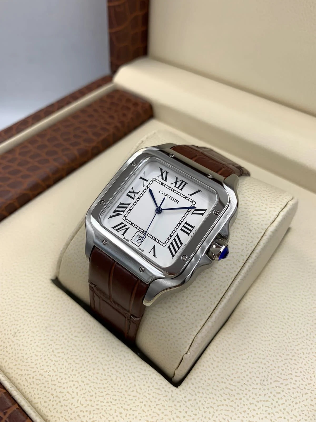Cartier Santos de Cartier Large Automatic Watch – Silver Dial, Brown Leather Strap