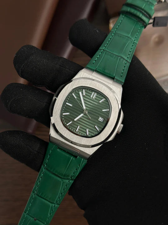 Patek Philippe Nautilus – Silver Green Dial, Leather Strap (AAA Quality)