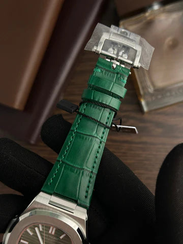 Patek Philippe Nautilus – Silver Green Dial, Leather Strap (AAA Quality)
