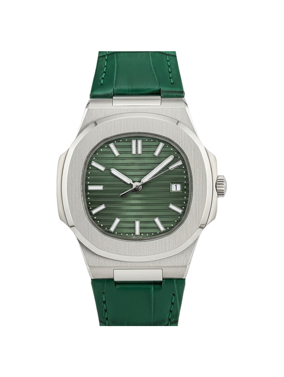 Patek Philippe Nautilus – Silver Green Dial, Leather Strap (AAA Quality)